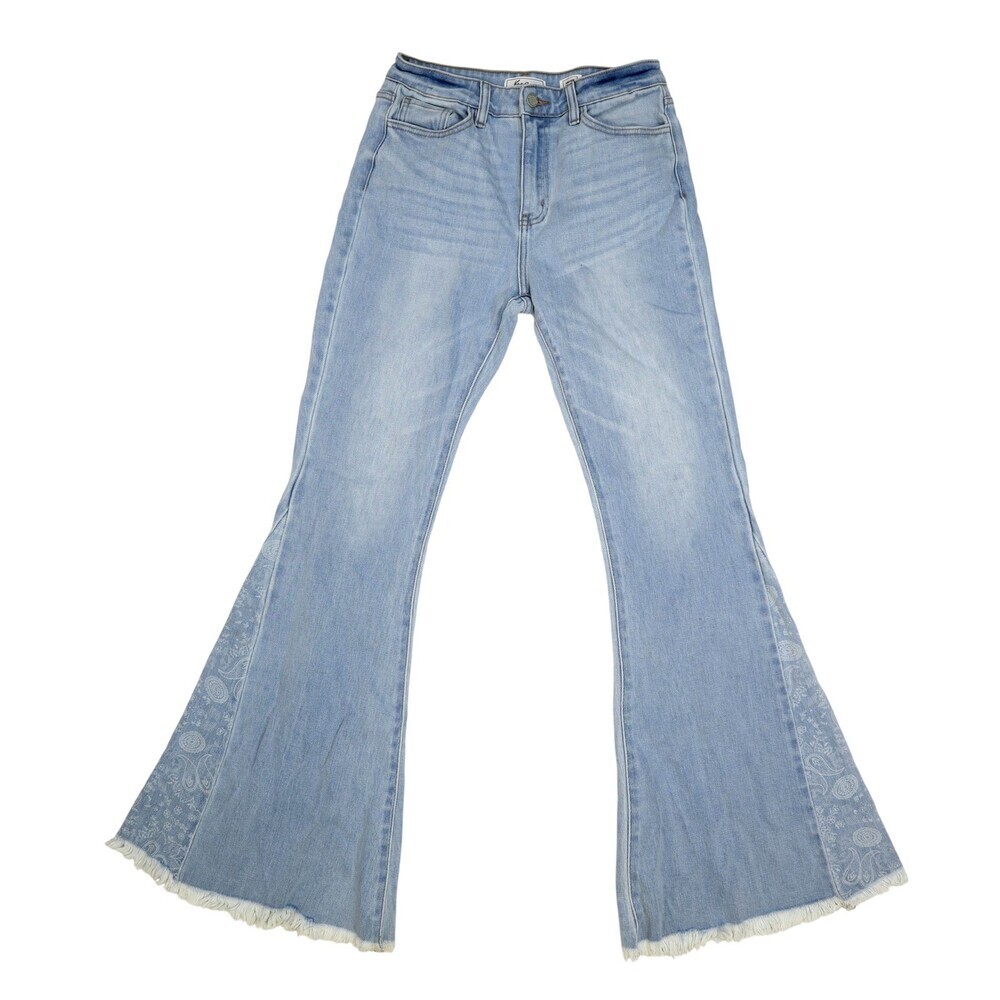 KanCan Light Blue Flared Jeans with Paisley Side Panels. Size 27